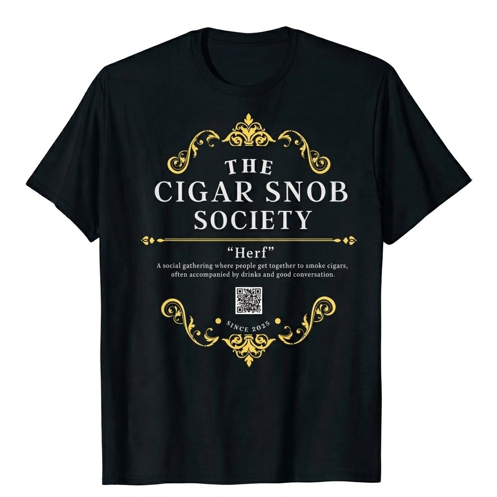 A black short-sleeve crewneck t-shirt with a graphic print on the front. The graphic features ornate gold flourishes and the text 'THE CIGAR SNOB SOCIETY' in white, followed by a definition of 'Herf' and a small QR code.