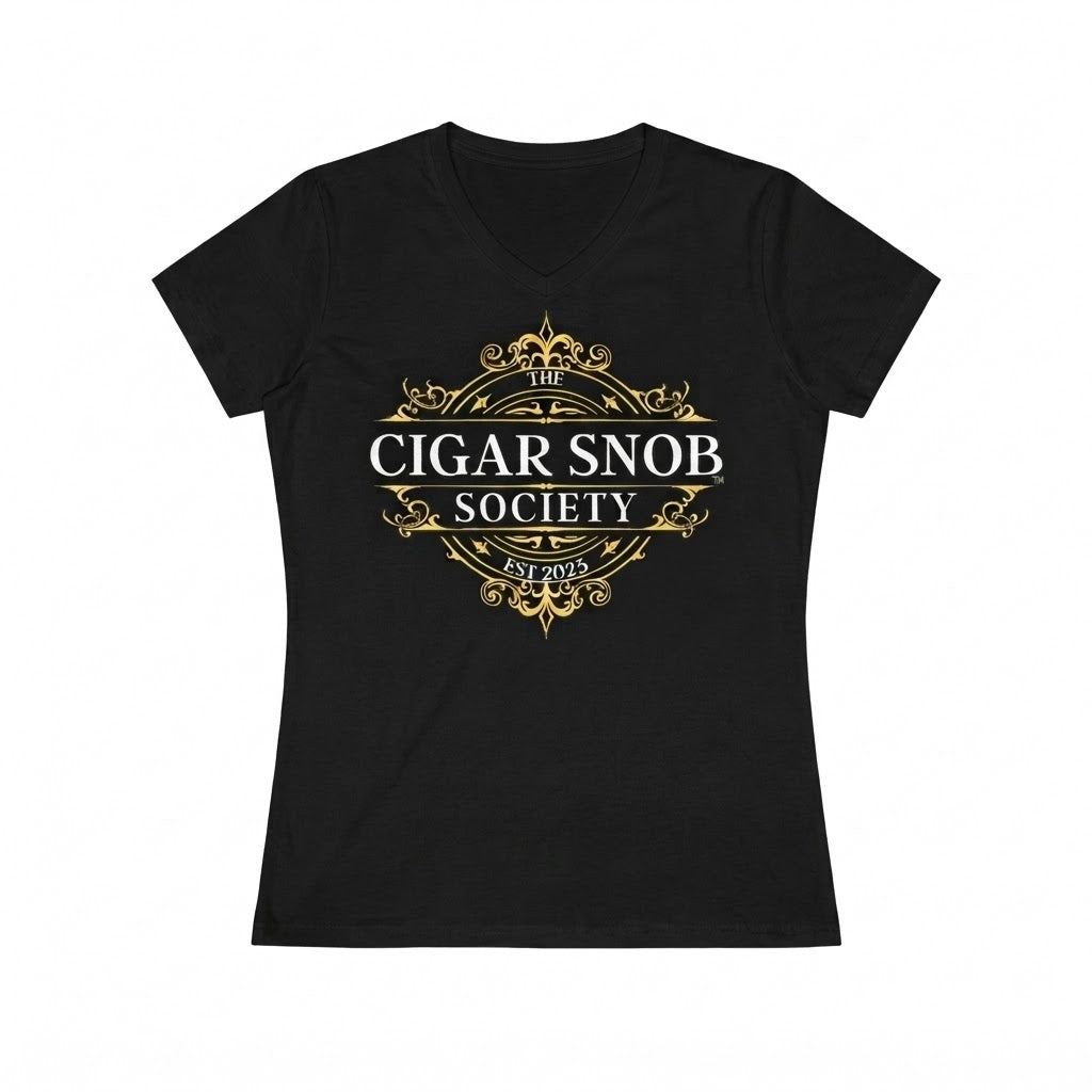 Cigar Snob Society Gold/White Woman's V-neck TShirt - Front & Back
